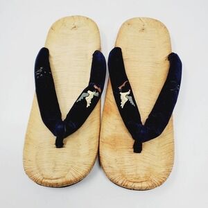 Vintage Japanese Straw Geta Seta Black Suede Straps Sandals One Size Slippers